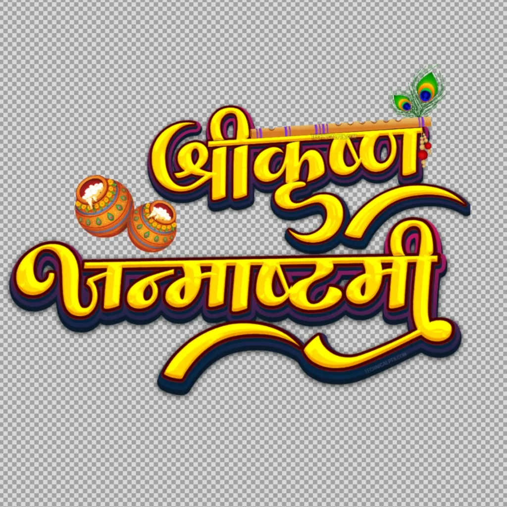 Shri Krishna Janmashtami Hindi text PNG in 3D yellow calligraphy decorated with Dahi Handi matki, Krishna's flute (bansuri), and peacock feather on transparent background – HD festival editing material from TechnicalPts.com