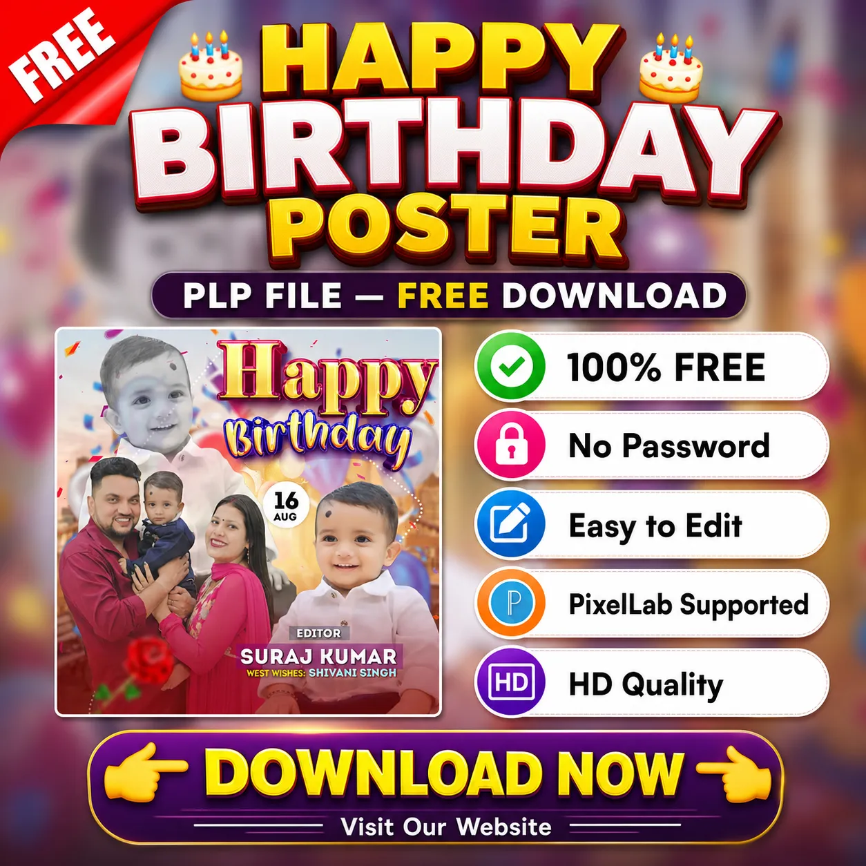 Happy Birthday Poster PLP File Free Download – Editable PixelLab Template with Kids Photo, Family Picture, and Birthday Date in HD Quality