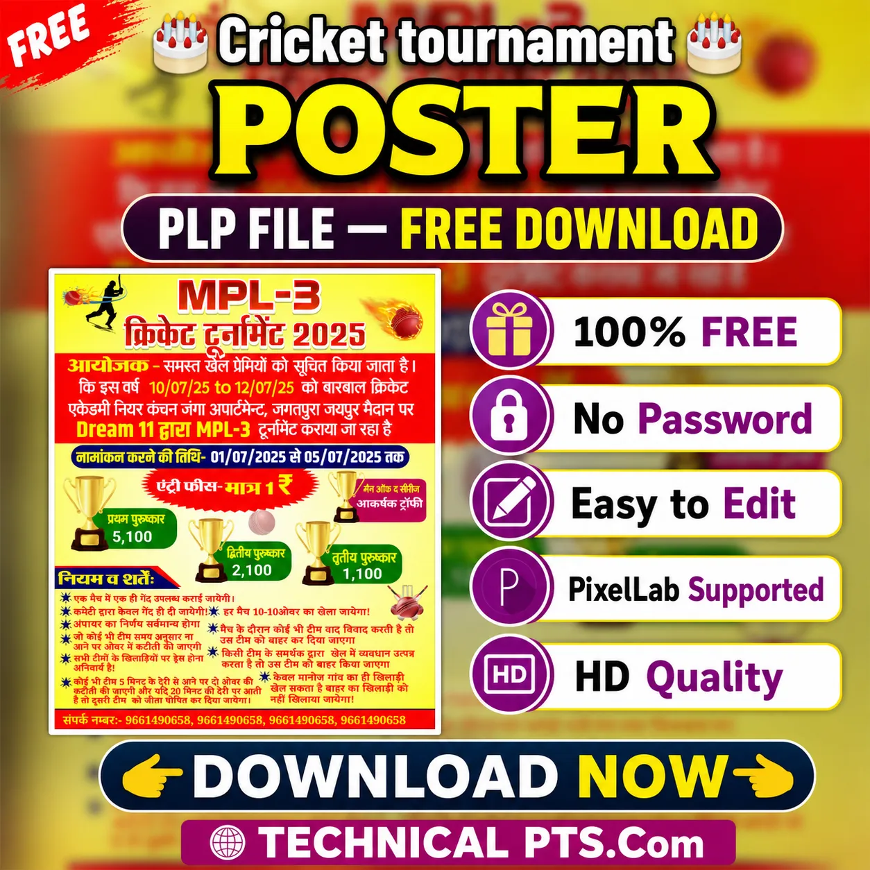 Cricket Tournament Poster PLP File Free Download - PixelLab Editable