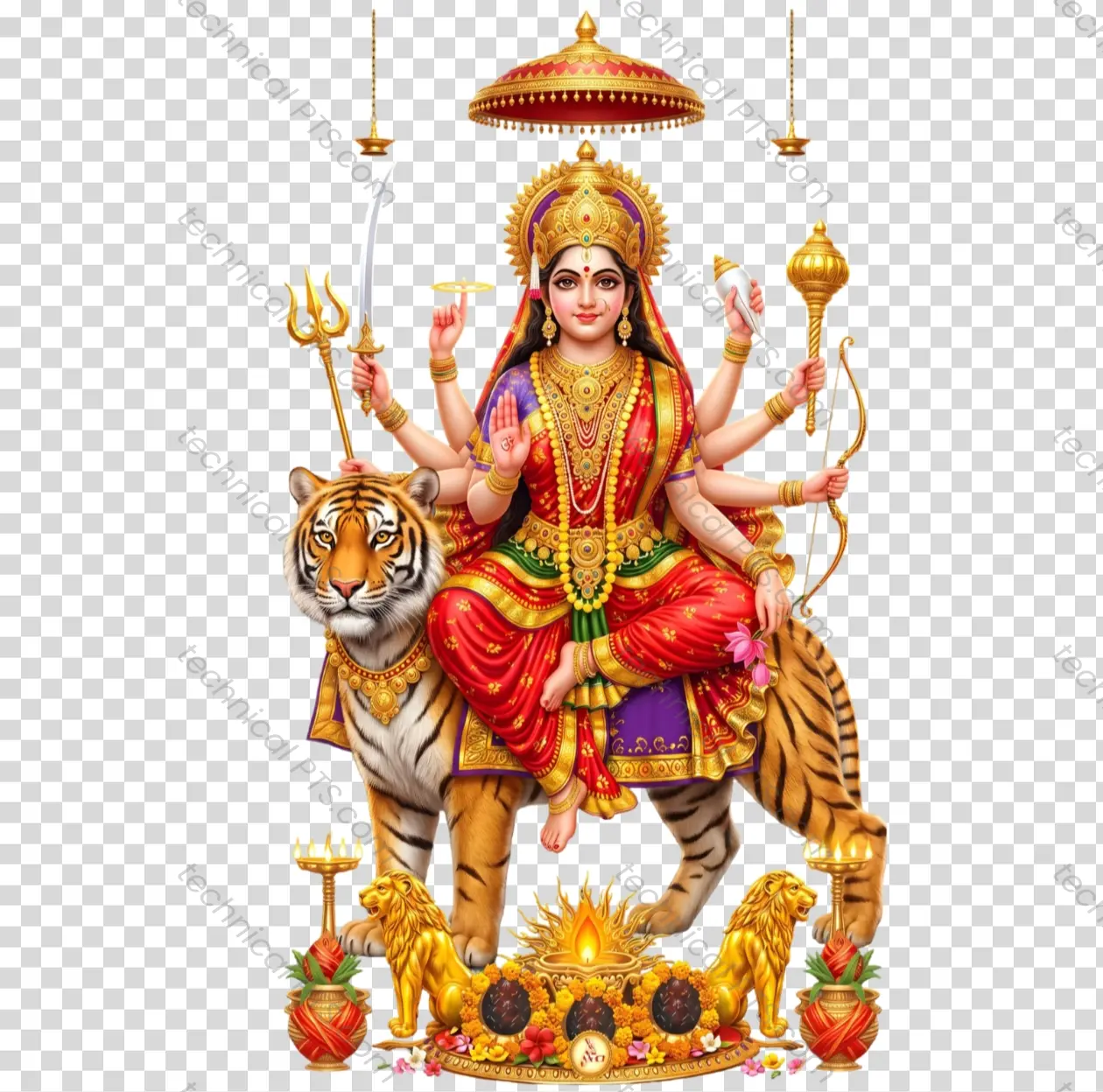Maa Durga on Tiger with Royal Chhatra & Golden Lions PNG - Divine Transparent Image