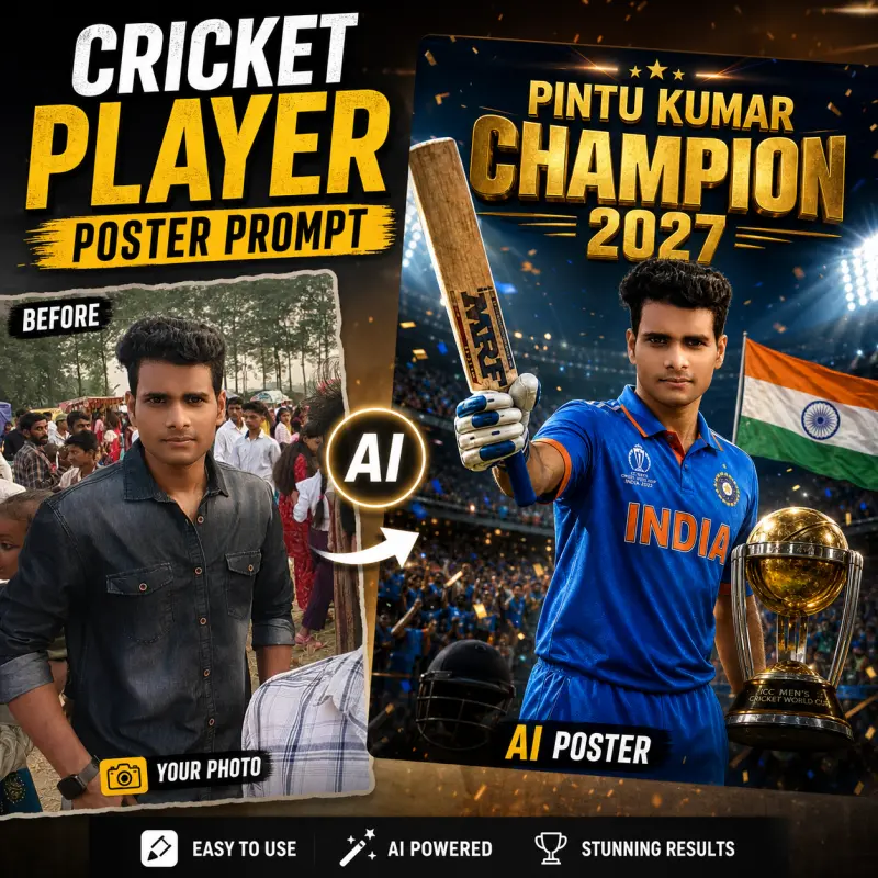 Cricket Player AI Poster Prompt 2027 - Apna Face Wala Team India Jersey Poster Banayein Free