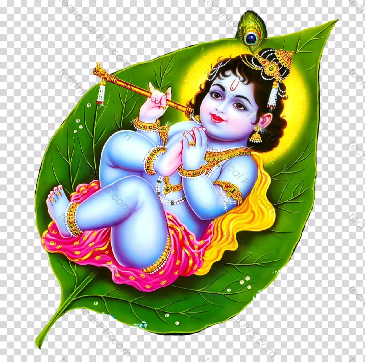 Baby Krishna on Peepal Leaf PNG - Divine Bal Gopal Image