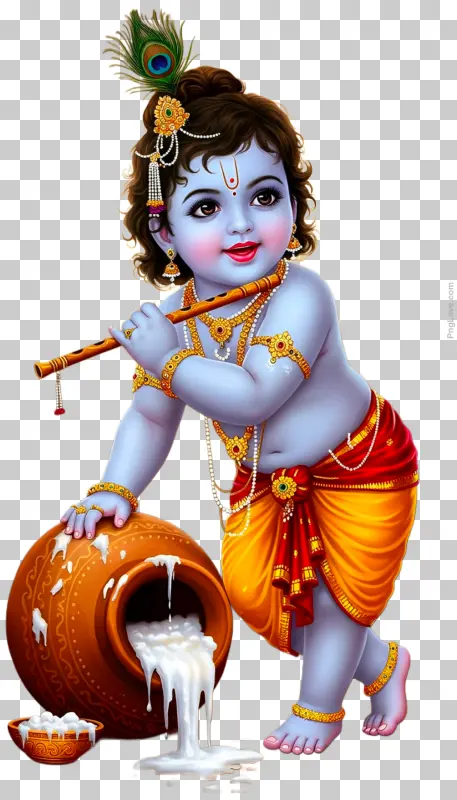 Cute Little Krishna with Flute and Makhan Matki PNG Image