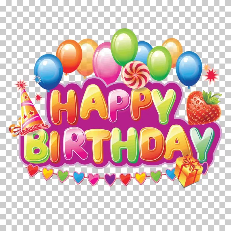 Colorful Happy Birthday Text with Balloons, Cap, Gift & Hearts - Celebration PNG