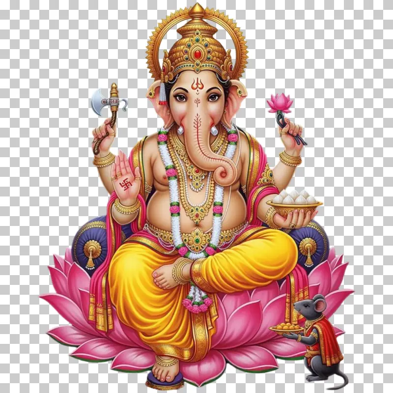 Lord Ganesha on Lotus PNG – Divine Ganpati with Modak & Mooshak