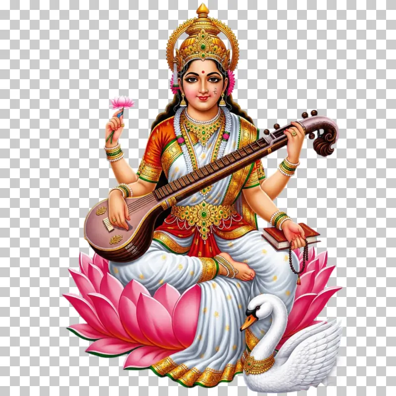 Goddess Saraswati Mata PNG – Seated on Lotus with Veena & Swan