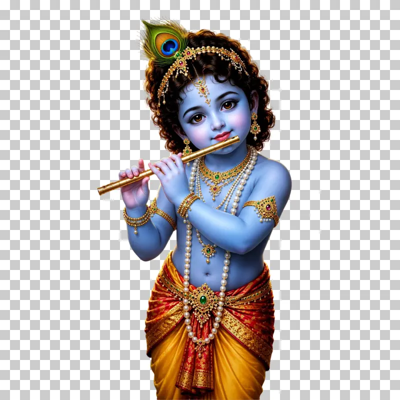 Little Krishna Playing Flute with Peacock Feather - Divine PNG Image