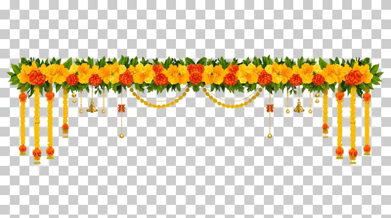 Traditional Marigold Flower Toran with Golden Bells PNG - Indian Door Decoration