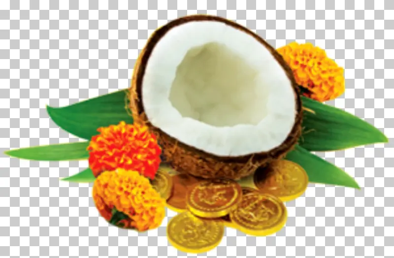 Half Coconut with Marigold Flowers and Gold Coins - Pooja Essentials PNG